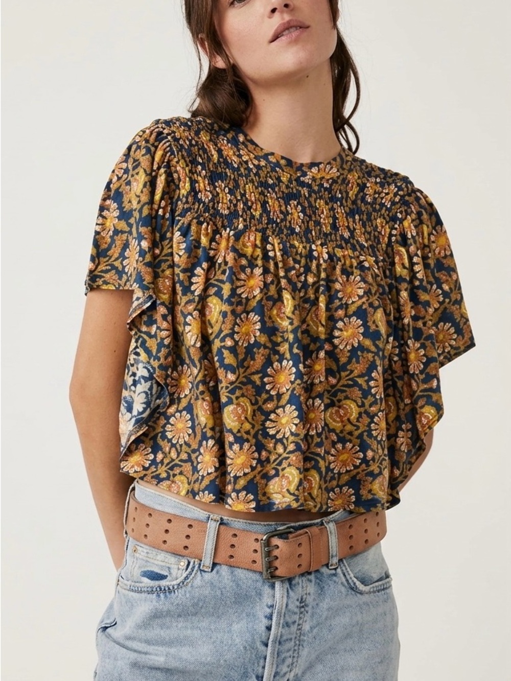 Free People Smocked Floral Ruffled Up Top -size large - retro- boho - navy combo